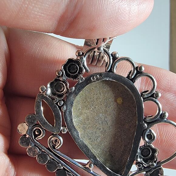 Handmade Silver Pendant – Fossil Coral & Citrine Accents + 20" Silver Chain - Picture 3 of 10
